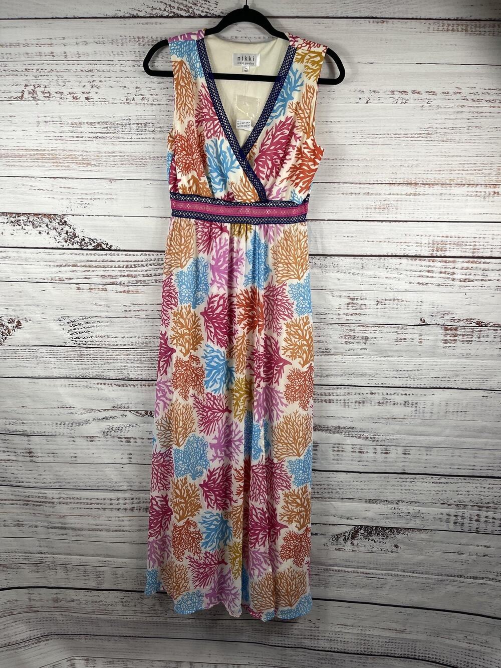 Nikki Poulos Dress Women's SZ Medium Multicolor Coral Print Wrap Sleeveless Maxi